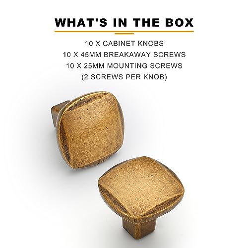 Image of 10 Pack 1 Inch Antique Brass Cabinet Knobs for Kitchen Drawers - Square Vintage Retro Dresser Handles