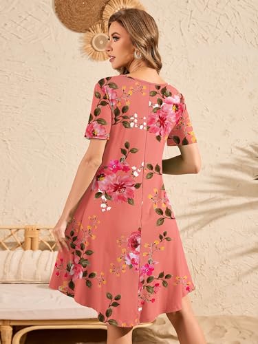 Image of DEARCASE Women's Short Sleeve Casual Sweater Tunic Dress V-Neck Loose Boho Knee Length Fall Summer Petite Stretch A-Line Wedding Guest Flowy Swing Tshirt Dresses Honey Powder Flower X-Large
