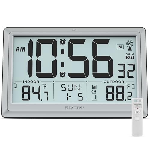 Atomic Clock Wall with Indoor/Outdoor Temp, Battery Operated Digital Wall Clock with 10 . 5 " Large LCD Atomic Clock Wall with Indoor/Outdoor Temp, Battery Operated Digital Wall Clock with 10.5 Large LCD Display, 330ft Range Desk Table Clock with Alarm, DST, Calendar for Living Room, Silver-gray