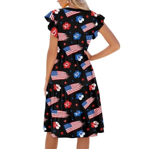 Image of Women's Casual Ruffle Sleeve Dress V Neck Pullover Dress Flowy A-Line Pleated Lightweight Dress with Pockets