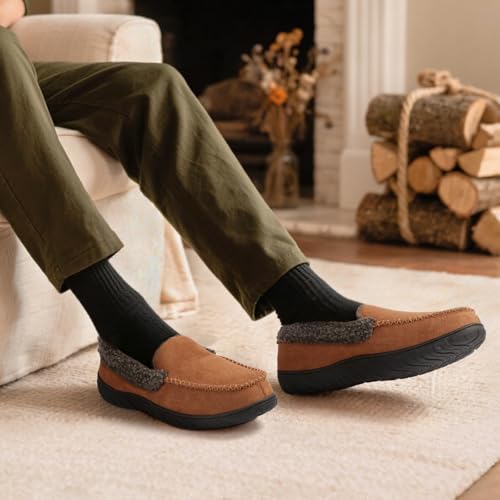 Image of Men's Moccasin House Slippers Memory Foam Suede Plush Indoor Bedroom Shoes | Fuzzy Non-Slip Warm Winter Comfy Cowboy Slippers for Indoor Outdoor Home Dad Husband Grandpa Gifts Black Brown Grey
