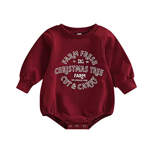 Image of Twopumpkin Baby Girl Boy Christmas Sweater Onesie Outfit Infant Sweatshirt Romper Long Sleeve Vintage Toddler Winter Clothes 0-6 Months Farm Burgundy
