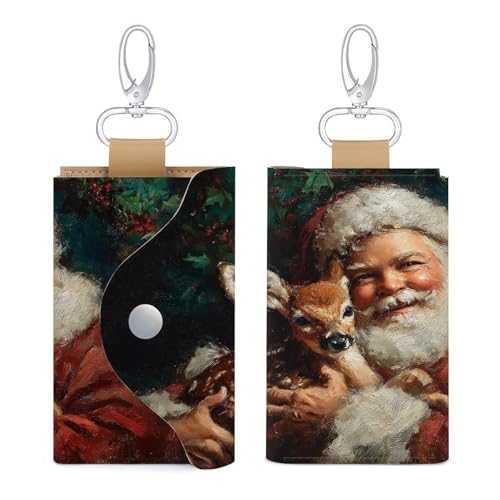 Santa Claus Holding An Adorable Deer Key Holder Bag PU Leather ID Card Holder Keychains Case Cover for Men Women3