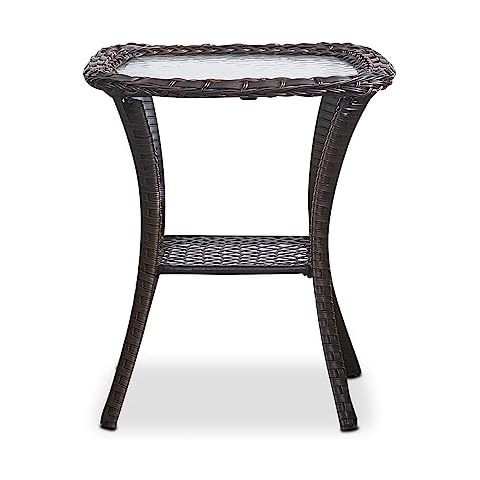 HUMMUH Patio Wicker Side Table Outdoor, Rattan End Table Glass Top Coffee Table with Storage Brown Cover