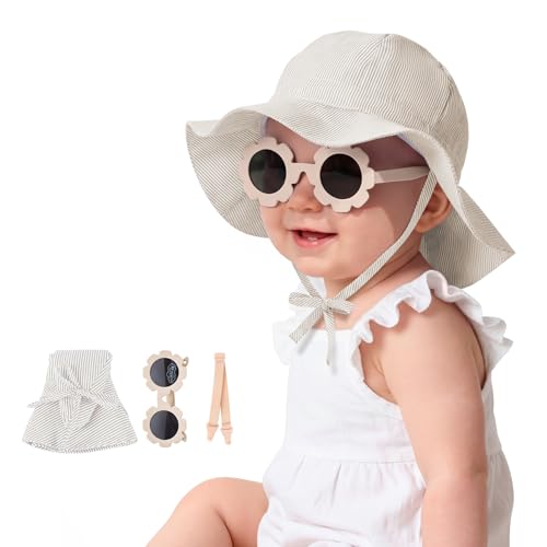 Image of Durio UPF50+ Baby Sun Hat and Sunglasses - Sun Protection Hat for Boy Girl, Wide Brim Summer Beach Hats for Newborn Toddler