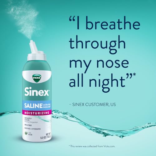 Sinex Saline by Vicks Moisturizing Nasal Spray, with Aloe, Drug Free Ultra Fine Mist, Clear Everyday Sinus Congestion Fast, Clear Mucus from a Cold or Allergy, 5.0 fl oz - image 9