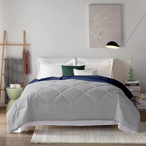 Image of Filbert 600 GSM Comforter for Double Bed | Super Warm Winter Quilt /Rajai | Thick Microfiber Blanket with Cloud-Soft Fill | Luxury Bedding for Winters - 90x100 Inch | Silver /Navy Blue