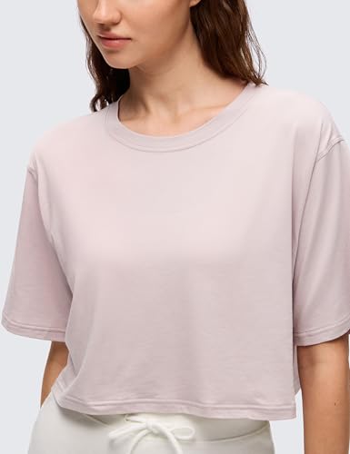 Image of CRZ YOGA Pima Cotton High Neck Crop T-Shirt | Workout, Naturally Soft, Loose Fit, Short Sleeve Tops for Women