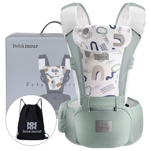 Image of Bebamour Baby Carrier Front and Back Carry Baby to Toddler Baby Hip Carrier with Head Hood & 3 Pieces Teething Pads (Green)