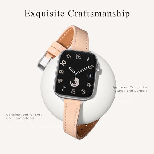 Image of STIROLL Slim Leather Bands Compatible with Apple Watch Band 38mm 40mm 41mm 42mm 44mm 45mm 49mm,Top Grain Leather Watch Thin Wristband for iWatch Ultra SE Series 8 /7 /6 /5 /4 /3 /2 /1(Pale pink with Silver)