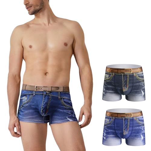 Meshal Men's Cotton Sexy Fake Jean Underwear Stretch 3D Denim Printed Personalized Boxer Briefs Blue Large