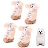 Dog Shoes for Small Dogs, Fleece Dog Boots Paw Protector for Comfort and Warmth, Dog Booties with Anti-Slip Sole for Winter Snow Hardwood Floors Walking Pink Size 1