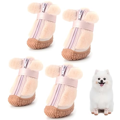 Dog Shoes for Small Dogs, Fleece Dog Boots Paw Protector for Comfort and Warmth, Dog Booties with Anti-Slip Sole for Winter Snow Hardwood Floors Walking Pink Size 1 Light Pink #1 (Width 1.10