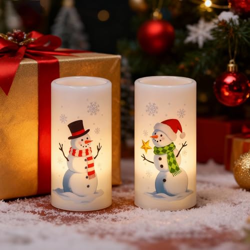 Image of Christmas Snowman Flameless Pillar Candles with Remote Timer