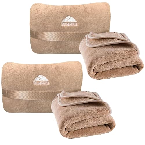 Image of BlueHills 2-Pack Mini Premium Soft Plush Travel Blanket Pillow Airplane Essentials for Two in bag Flight Traveling Warm Portable Plane Blankets Compact Cozy Traveler Backpack Blankets Warm Beige - M26