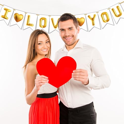 Image of Wobbox White & Golden Balloon inchI Love You inch Bunting Banner for Anniversary, Pre-Wedding & Wedding, Love Banner for Decoration