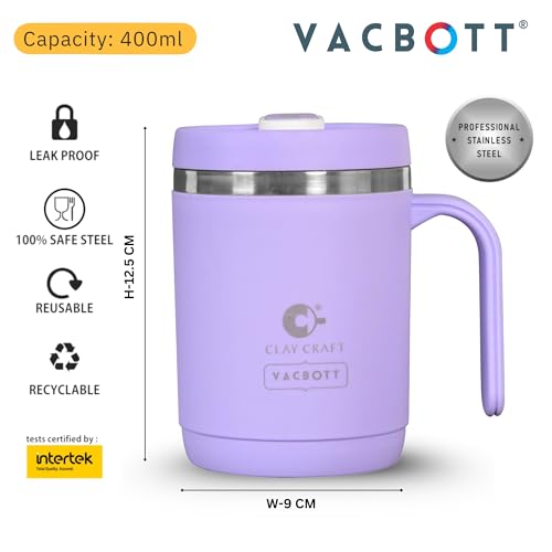 Image of CLAY CRAFT VACBOTT Dyona 400ML (Purple) Premium Stainless Steel Puf-Insulated Flask Mug| Long Hrs Hot & Cold|Airtight, BPA-Free, Leak-Proof Travel Mug with Handle| Made in India