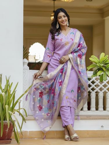Image of VredeVogel Women's Beads Embroidered Silk Blend Kurta Pant Set with Organza Dupatta | Perfect for Festive & Casual Ethnic Kurta Set for Women