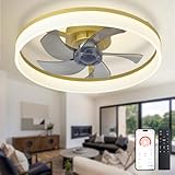 Depuley Ventilador de techo LED con iluminación: 20" Lámpara moderna de perfil bajo empotrado con control remoto - Luminaria de ventilador sin aspas dorada regulable para dormitorio