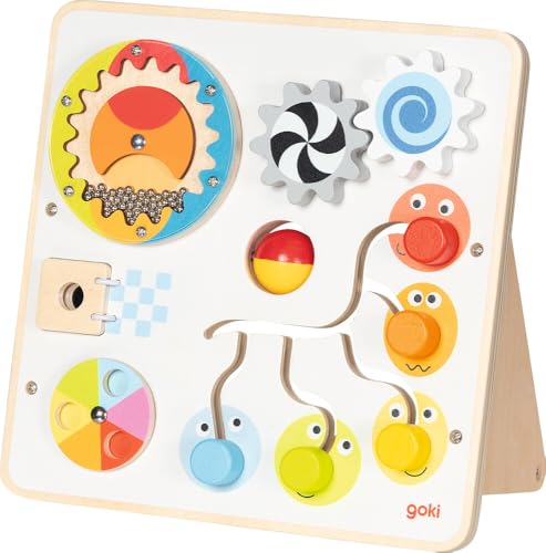 goki 59959 - Planche d'activités et de motricité, jouet de motricité en bois avec engrenages, appareil de pluie, labyrinthe coulissant, puzzle rotatif et miroir