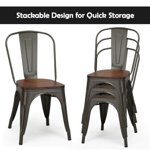 Image of COSTWAY Stackable Metal Dining Chairs Set of 4 with Wood Seat and High Back | Gun Color, Industrial Vintage Style, Elm Wood Seat Board, 18 Inch, for Dining Room, Kitchen, Bar, Cafe, Bistro, Restaurant