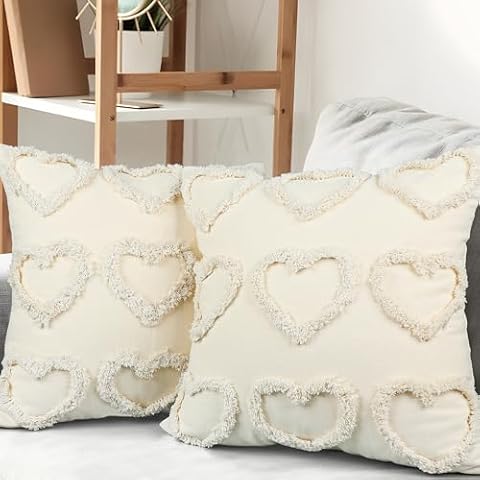 Valentine's Day Throw Pillow Covers with Hearts 18 x 18 Inch White Decorative Throw Pillow Cases Valentines Heart Love Throw Cushion Covers for Sofa Couch Bed Home Living Room Valentine Gifts, 2 Pcs Cover