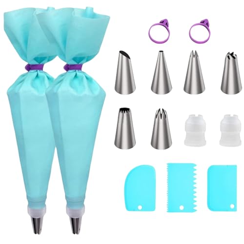 MUNSKT Kit de Décoration de Gâteaux 15 Pièces, 6 Embouts à Douilles, 3 Spatules en Silicone, 2 Sacs à Pâtisserie en EVA Réutilisables, 2 Raccords & 2 Anneaux d’Étanchéité, Idéal pour Gâteaux, Cookies