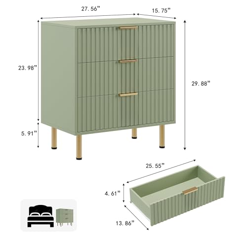 Green 3 Drawer Dresser for Bedroom, Fluted Modern Nightstand with Deep Drawers, Chest of Drawers with Wide Top, Wooden Dresser Organizer, Side Table for Living Room, Hallway, Kids Room