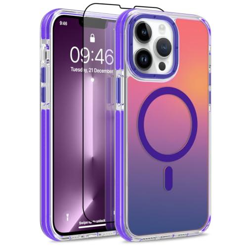 Image of Magnetic Case for iPhone 13 Pro [Compatible with Magsafe] [Cute Fashion Fluorescent Design] [1 Screen Protector] Slim Translucent Matte Case for iPhone 13 Pro 6.1 inch 2021, Purple