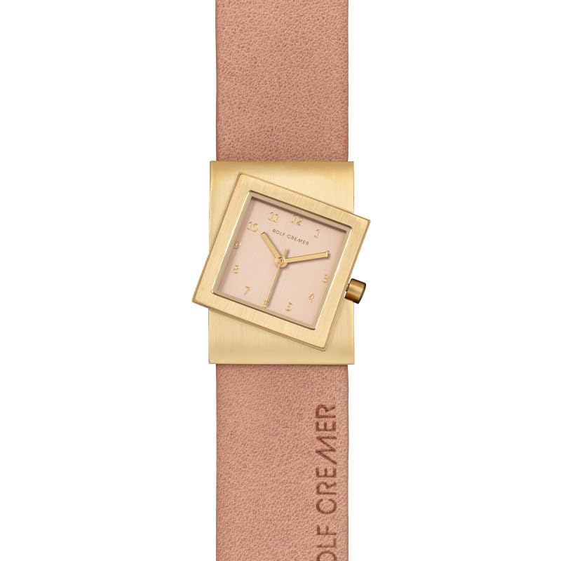 Rolf Cremer Turn-S Pastell Edition Damenuhr 507782, Edelstahl, Rechteckig, Quarzwerk, Mattgold, Rosé, Lederband, 35×30 mm
