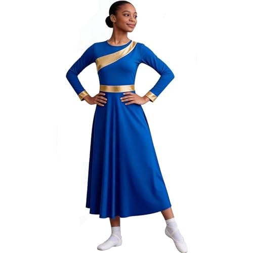 MOLLDAN Women Praise Dance Dress Long Sleeve Liturgical Church Worship Dress,Breathable Lined Bule Large