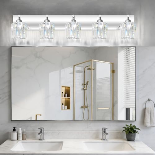 Image of Brushed Chrome Crystal Bathroom Vanity Light, 5-Light Modern Bathroom Lighting Fixtures Over Mirror,Chrome Wall Sconce Light Fixtures with Round Shade