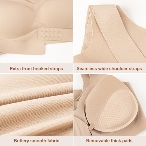 Posture Bra for Women Wireless Push Up Bralette Full Coverage Back Support Brasieres, Beige, L