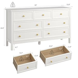 White Dresser for Bedroom with 7 Drawers, 55'' Large Wood Dresser with Gold Handles, Modern Wide Chest of Storage Drawers for Hallway, Living Room White Dresser for Bedroom with 7 Drawers 55 Large Wood Dresser with Gold Handles Modern Wide Chest of Storage Drawers for Hallway Living Room