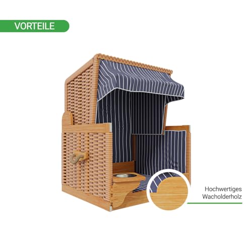 Woodtex Hundestrandkorb Kieferholz |Hundehütte inkl. Schützhülle schwenkbarer Wasser-/Futternapf|Sonnenschutz Hunde und Katzen|Rattan Braun mit Dunkelblau-weißen Nadelstreifen
