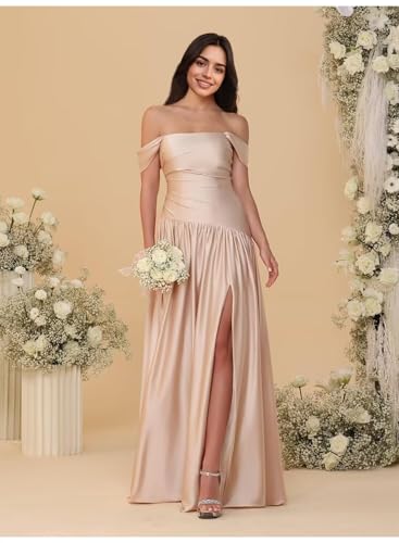 Satin Bridesmaid Dresses Square Neck Formal Evening Gowns for Women Long Wedding Guests Dress with Slit2