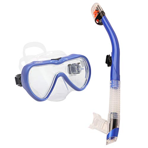 TAKEBEST Snorkel Set, Anti-Fog Snorkel Diving Mask Panoramic Wide View Tempered Glass, Easy Breathing Anti-Leak Dry Top Snorkel, Professional Snorkeling Set for Adult Youth (Dark Blue+Transparent)