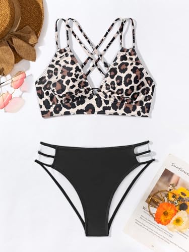 Image of Fanuerg Women's Sexy V Neck Bikini Sets Hollow Out Two Piece Swimsuits Cutout Mid Waist Bathing Suit