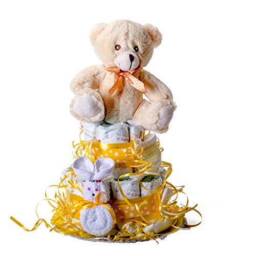 Tarta de pañales para bebé recién nacido. Un regalo original, incluyendo 20 pañales de la marca DODOT más peluche más calcetín más toalla facial, ofrecido por Flores AVRIL