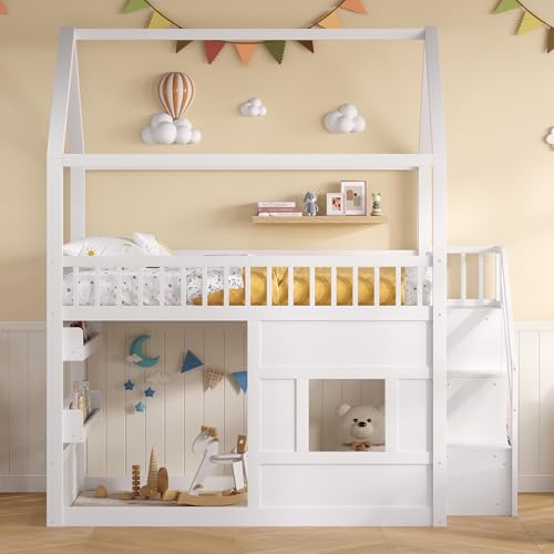 Image of Bellemave Bunk beds Full Over Full with Storage Stairs,Two Placement Methods,House bunk Bed, White