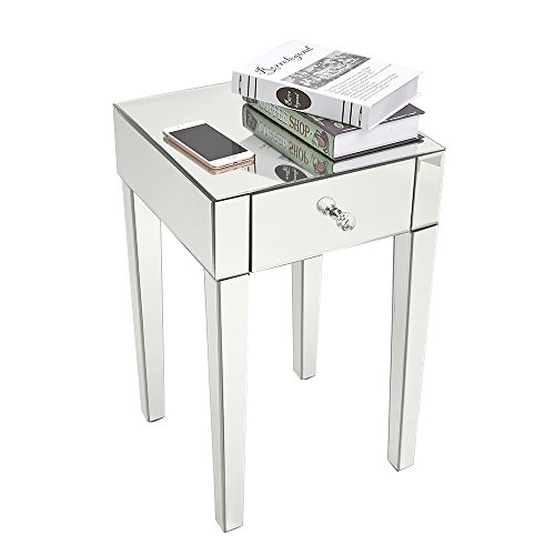 Yulie - Mesita de noche con espejo de cristal con 1 cajón, mueble de almacenamiento para salón, dormitorio, oficina, 40 x 40 x 65 cm