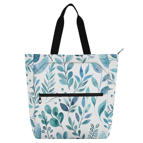 Bolsa de libros de hojas de acuarela azul con múltiples bolsillos para toda la familia