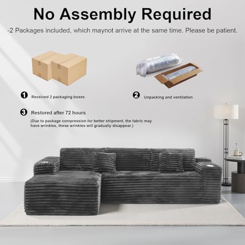 Image of 106 inch Cloud Sectional Couch with L Shape Chaise, Modern Frameless Modular Sofa with Cup Holders, Higher 17.7 inch Seat Height, 32D Pure Foam, No Assembly for Apartment (Dark Gray, Right Facing Chaise)