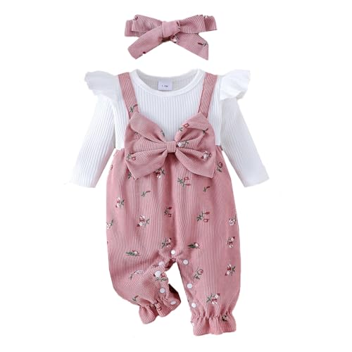 UUAISSO Ropa Para Bebé Niña Mono de Manga Larga con Estampado Floral Mono de una Pieza Bonitos Conjuntos con Diadema rosa 0-3 meses