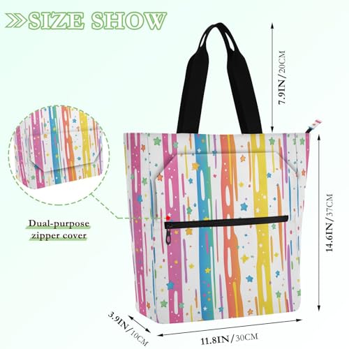 Rainbow Color Stripes Stars Tote Bag for Book Lovers Reusable Bags with Zipper Pocket for School Work Shopping2