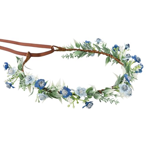 KorViSHOW Handmade Blue Flower Crown Green Leaf Headdress for Women