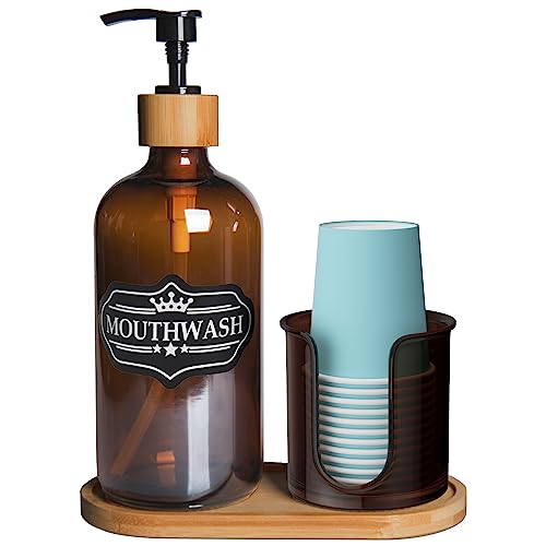 Amber Mouthwash Dispenser for Bathroom, 16oz Refillable Mouthwash Bottles with Bamboo Pump/Tray and Paper Cup Holder, Rust-Proof Funnel, Waterproof Labels