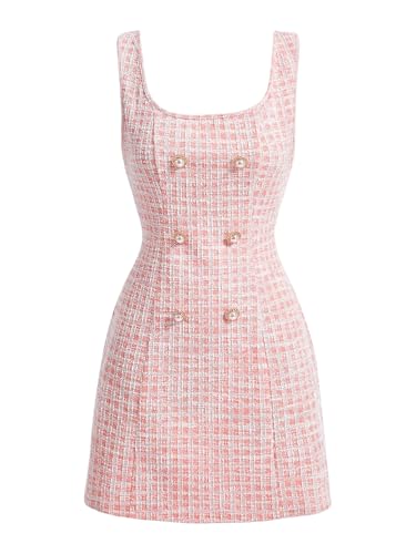 Floerns Women's Plaid Tweed Dress Sleeveless Square Neck Elegant Work Mini Dress