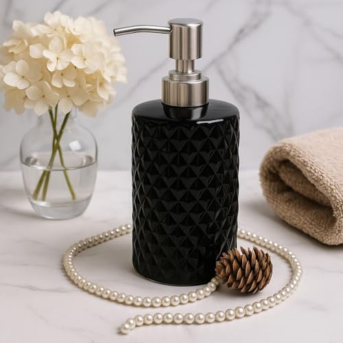 Image of Ceramic Soap Dispenser 330ml (Set of 1) | Refillable Liquid Hand Wash & Lotion Pump Bottle for Bathroom, Kitchen, Spa, Hotels, Office | Premium Ceramic Bathroom Accessory | Black