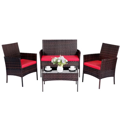 PAIQIAN Patio Furniture Set 4 Pieces, Outdoor Rattan Furniture with Tempered Glass Coffee Table, Modern Rattan Patio Chairs Conversation Sets with Sofa for Garden, Terrace, Porch, Lawns Brown/Red